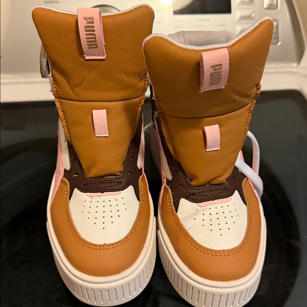 PUMA KARMEN REBELLE MID SNEAKER IN WHITE-ALMOND -DARK CHOCOLATE PLATFORM SHOES.